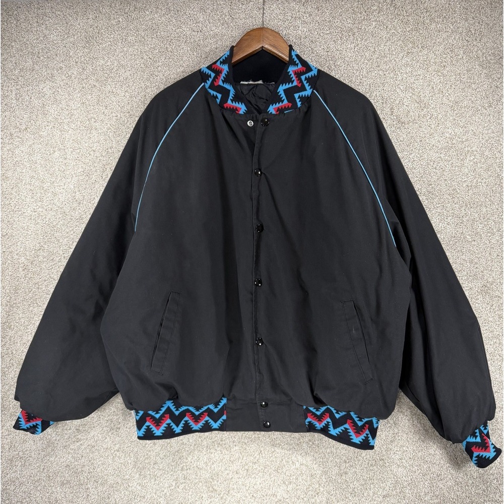 VTG Black Puffer Jacket Coat 90s Aztec Southwest Trim Men's XL Baggy Retro